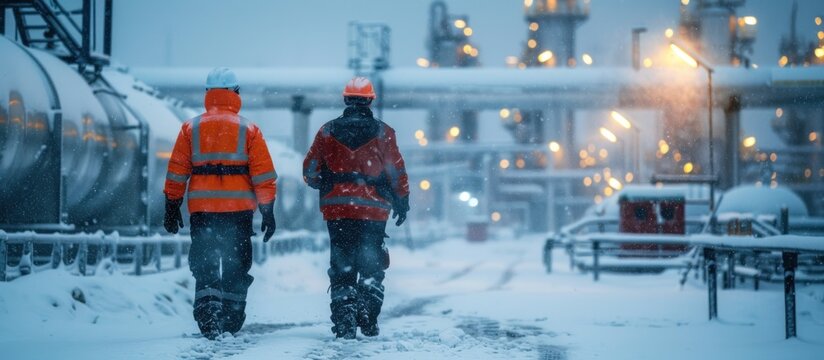 Industrial Workers Walking in Snowy Conditions