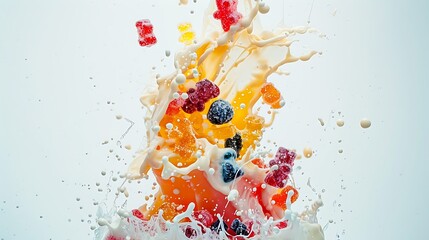 **Ice cream explosion with gummy bears, solid white background. 32k, full ultra HD, high resolution