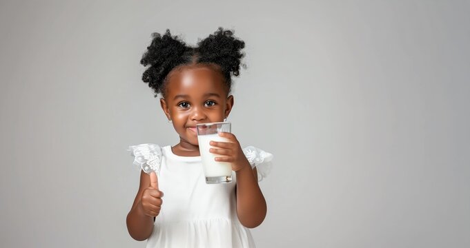 Smiling African American Little Girl in White Dress Holding Glass of Milk and Giving Thumbs Up with Copy Space on Light Background