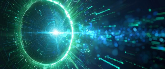 Fototapeta premium Blue background with green light beams and glowing ring in the center