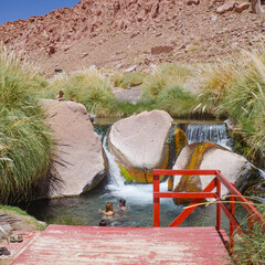 San Pedro de Atacama, Chile - Dec 1, 2023: Puritama Hot Springs, a series of natural volcanic pools...
