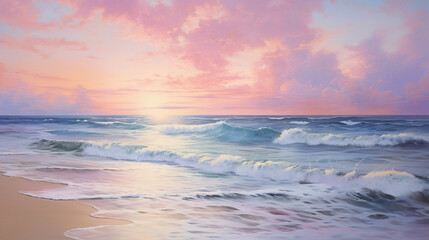 Obraz premium A beautiful beach scene with waves gently lapping at the shore, under an orange and pink sky filled with clouds.