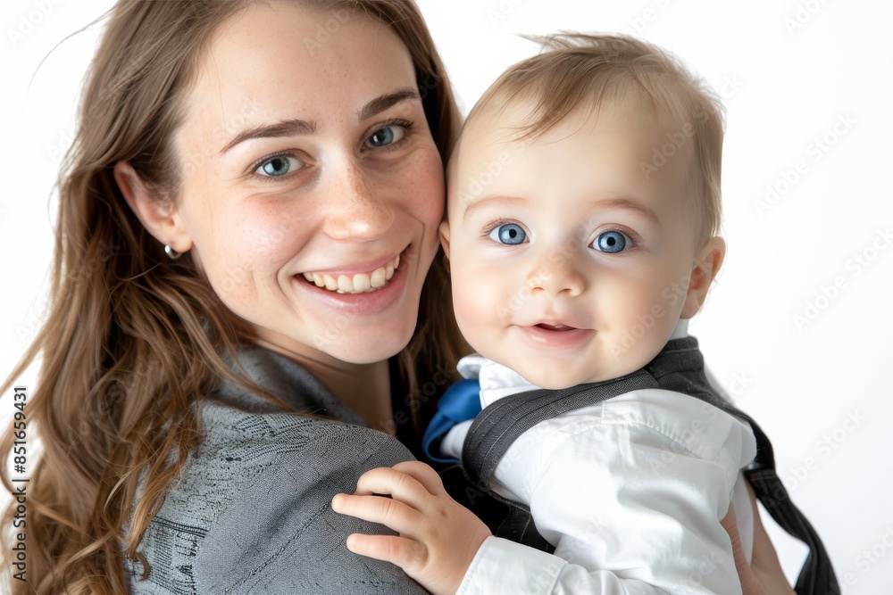 Wall mural a woman is holding a baby and the baby is wearing a tie