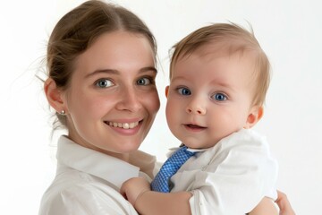 A woman is holding a baby and the baby is wearing a tie