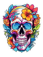 Skull head Hawaiian style vector T-shirt design, blending tropical flair with eerie mystique