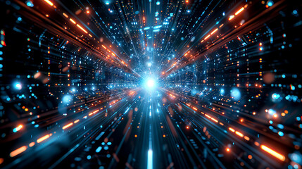 Abstract futuristic digital technology data represented by glowing blue red orange neon light streaks, particles speed motion in cyberspace