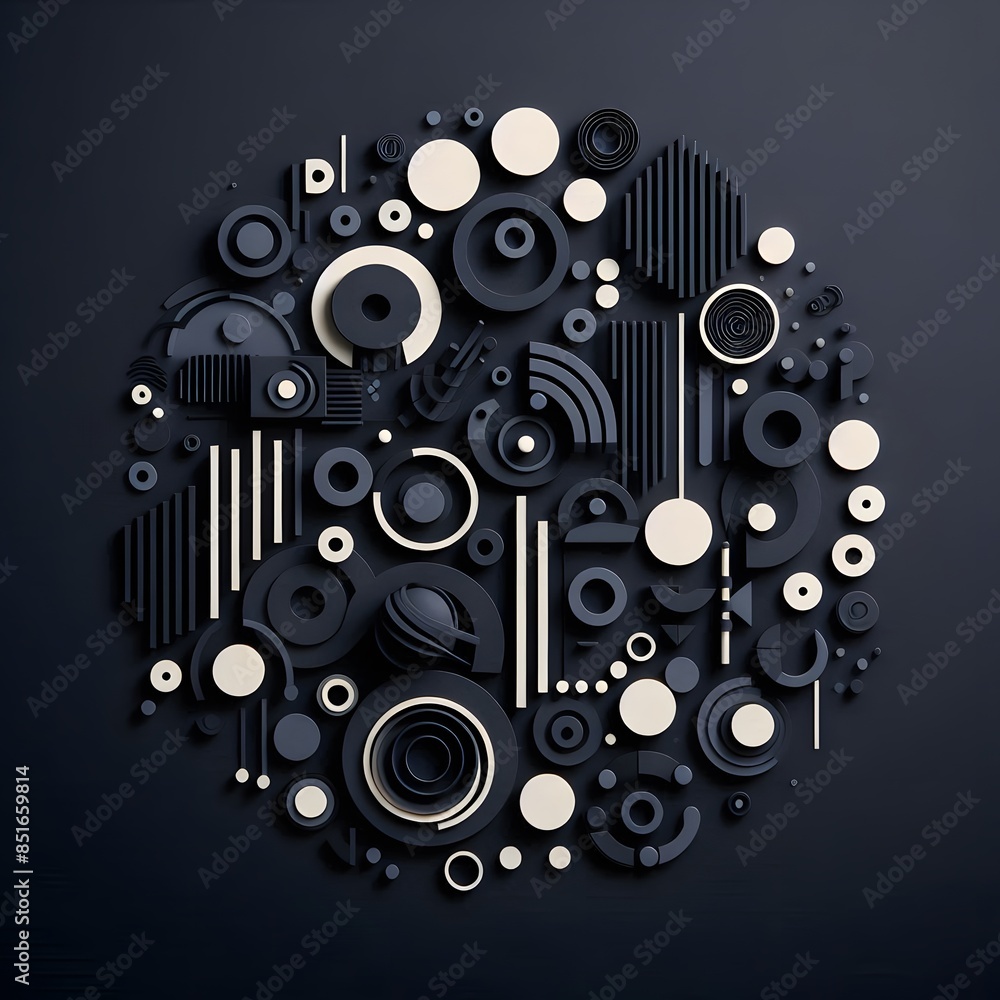 Poster a collection of black paper cutouts arranged on a dark background to form an abstract, geometric com