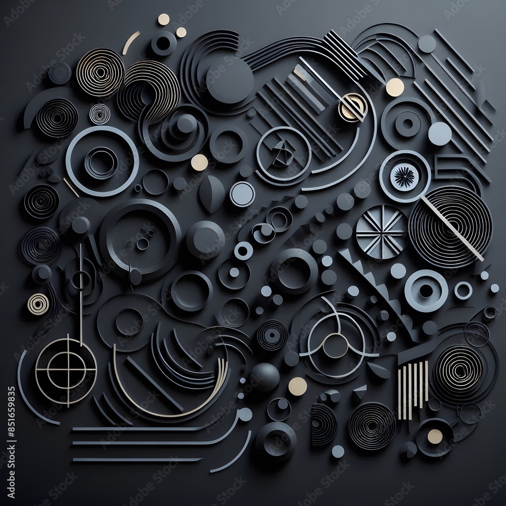 Poster a collection of black paper cutouts arranged on a dark background to form an abstract, geometric com