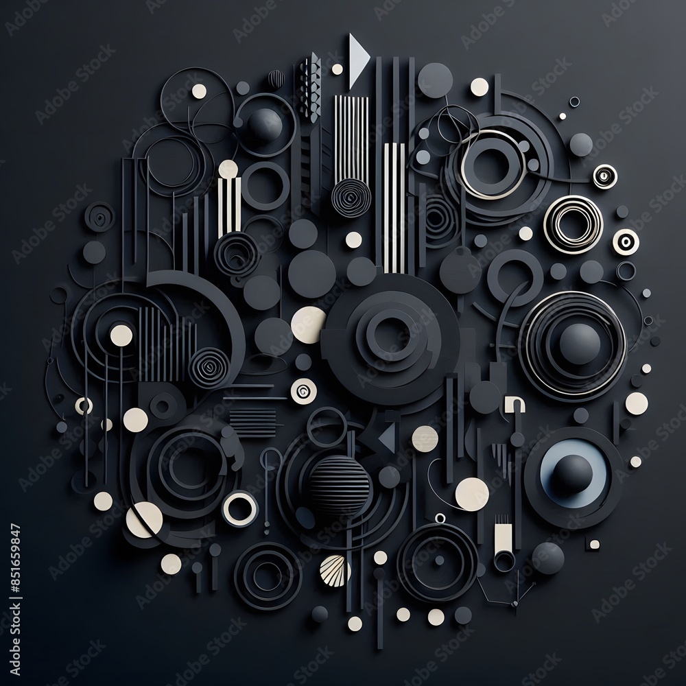 Poster a collection of black paper cutouts arranged on a dark background to form an abstract, geometric com