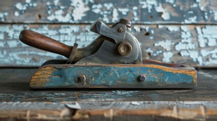 Vintage hand planer on wooden surface with distressed blue background, showcasing rustic, antique woodworking tools.