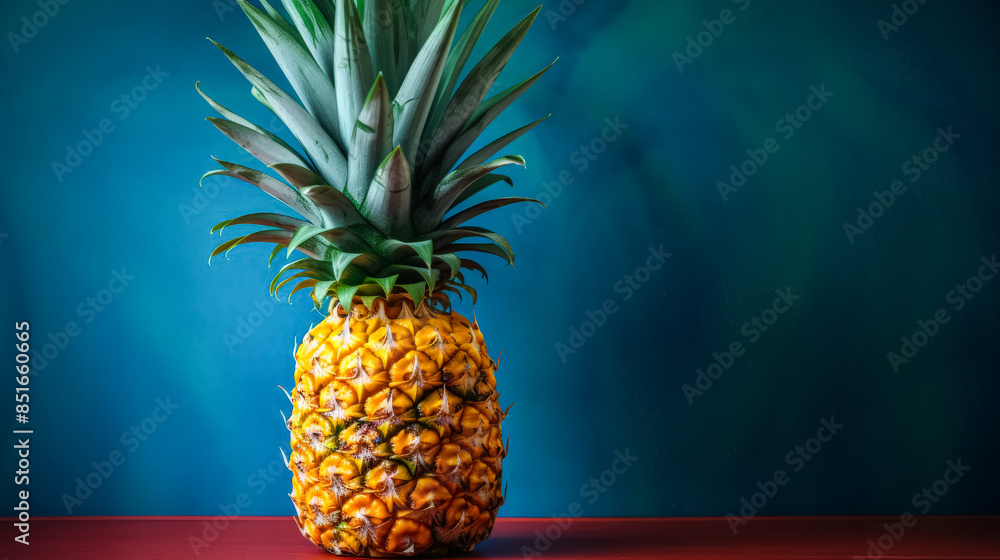 Poster a pineapple sits on a wooden table in front of a yellow wall. the pineapple is the main focus of the