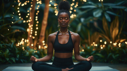 Serene Black Woman Practicing Outdoor Yoga Under Sparkling Lights in a Tropical Garden.