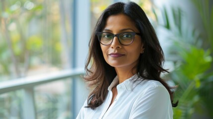 Beautiful 45 years old gentle Indian brunette woman,&nbsp;wearing glasses,&nbsp;formal slick hairstyle,&nbsp;smooth face in a modern office building,&nbsp;wearing white shirt,&nbsp;beside a huge window