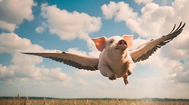Flying pig with bird wing blue sky. When pigs fly