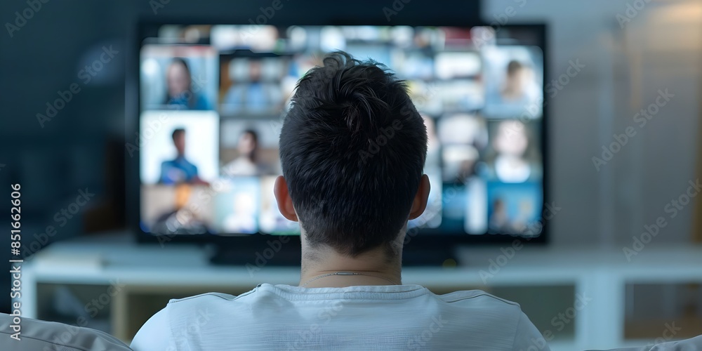 Poster man uses internet and multimedia technology to watch live streaming on laptop. concept internet tech