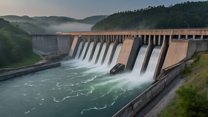 a hydroelectric dam in the early morning, with mist rising from the water and the facility&rsquo;s structure partially obscured, creating a mystical and tranquil atmosphere