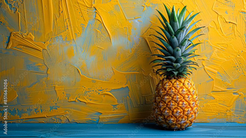 Poster a pineapple sits on a wooden table in front of a yellow wall. the pineapple is the main focus of the