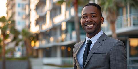 Smiling African Real Estate Agent in Front of Apartment, Illustrating Success