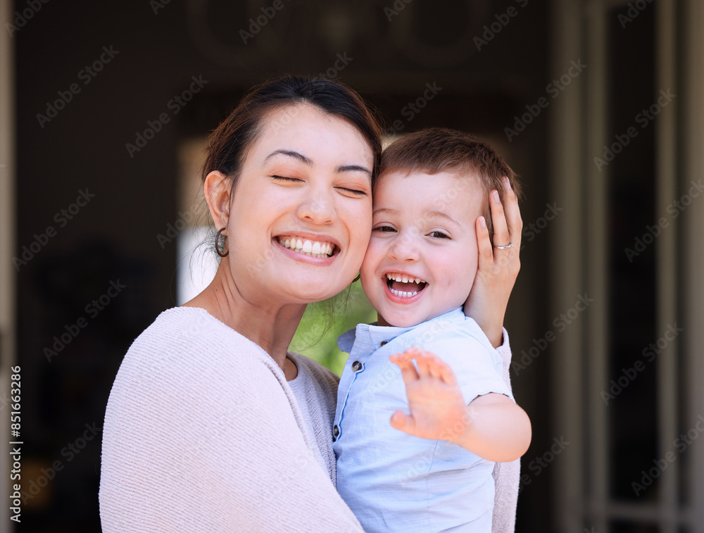 Sticker Home, hug and mother with toddler, portrait or happiness to relax with family, love and care on porch in house. Male kid, proud mom and boy child with support, trust and smile for bonding together