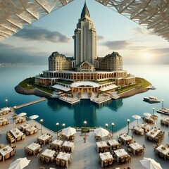 Luxury hotel banquet under a tower mass situated at the cape, facing the lake directly ahead with a view of the city in the distance.