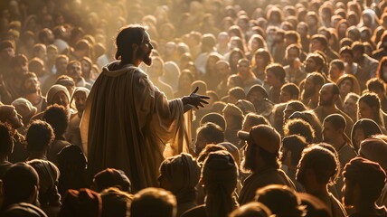 Historical Leader Addressing Gathered Crowd Backlit Scene