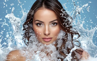 A woman is in a bathtub with water splashing around her