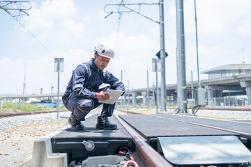 Technician inspects railroad tracks with digital equipment