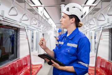 Portrait of young engineer of electric locomotive holding tablet in train