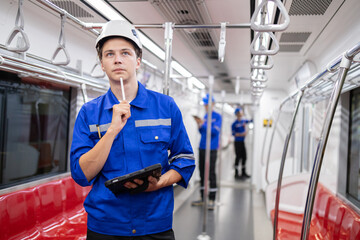 Portrait of young engineer of electric locomotive holding tablet in train