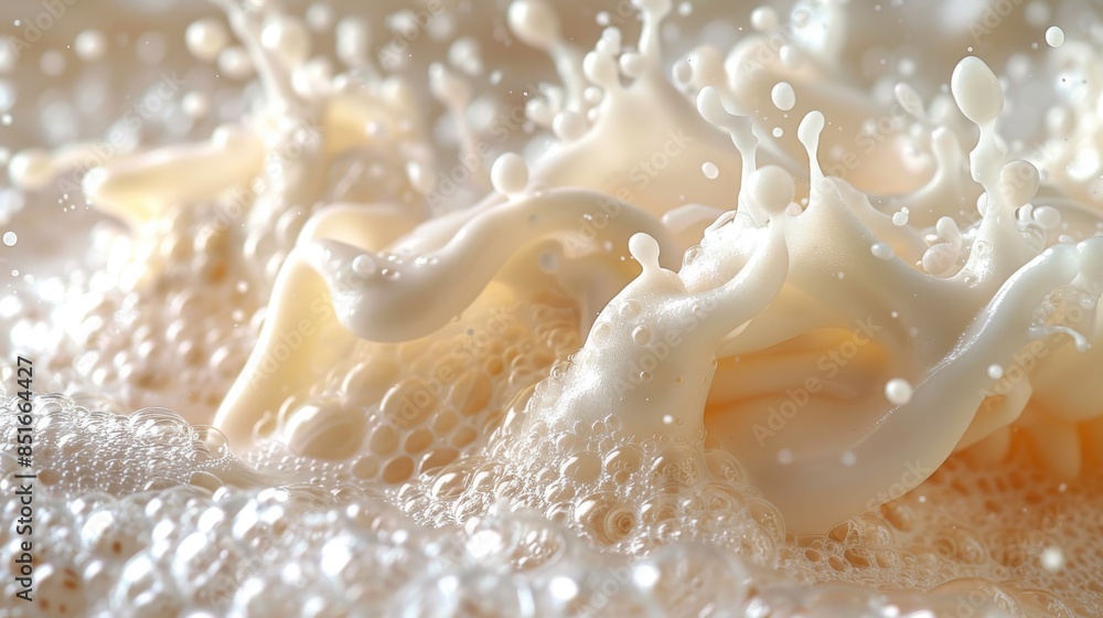 Poster macro photograph capturing the intricate textures and shapes of a milk splash, highlighting the inte