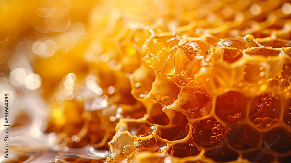 Poster a close up of honeycomb with honey dripping from it. the honeycomb is made of wax and has a golden c