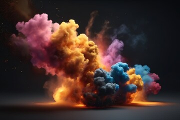 A striking AI-generated photo capturing an explosive burst of golden and multicolored smoke, enhanced by dynamic sparks. Perfect for use in creative projects, marketing materials, or artistic displays