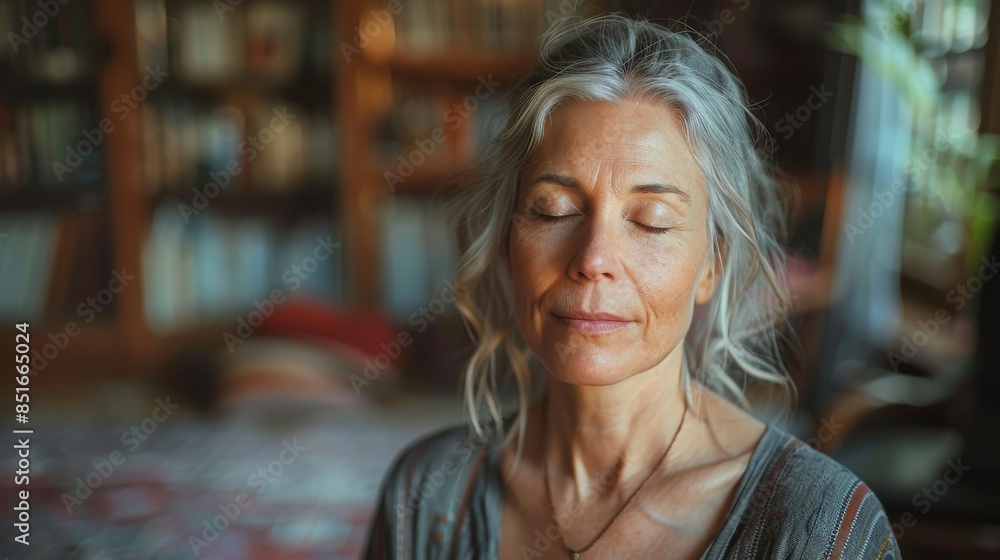 Wall mural A mature woman with gray hair and a peaceful expression has her eyes closed in a contemplative moment - Wall murals