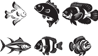 Black and white illustration for coloring animals, fish vector silhouette