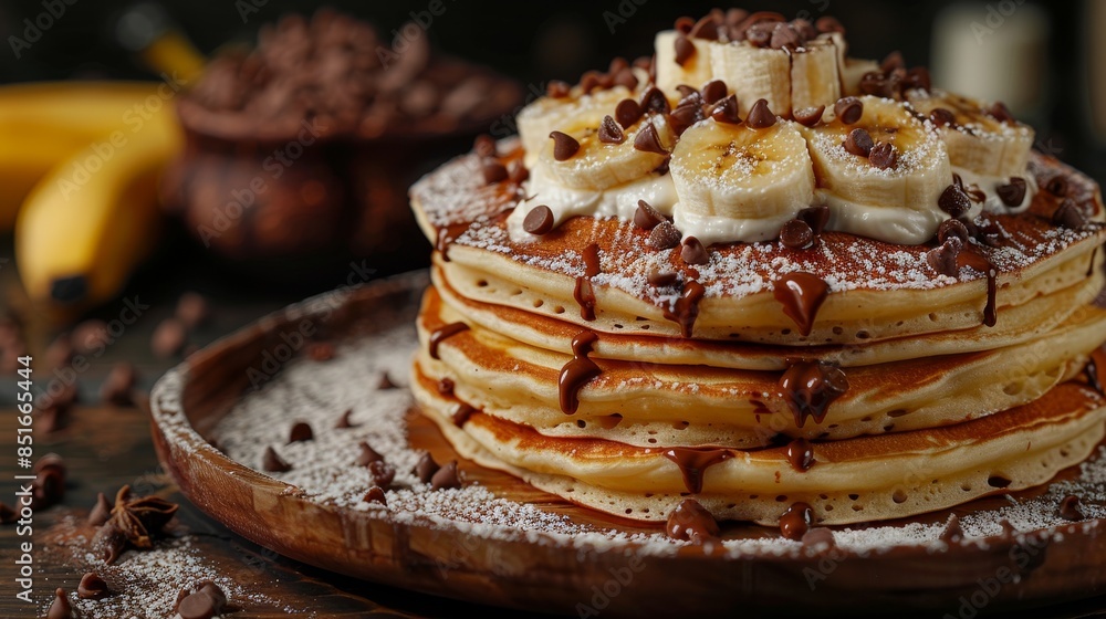 Poster an appetizing stack of fluffy pancakes adorned with banana slices, drizzled chocolate, and a dusting