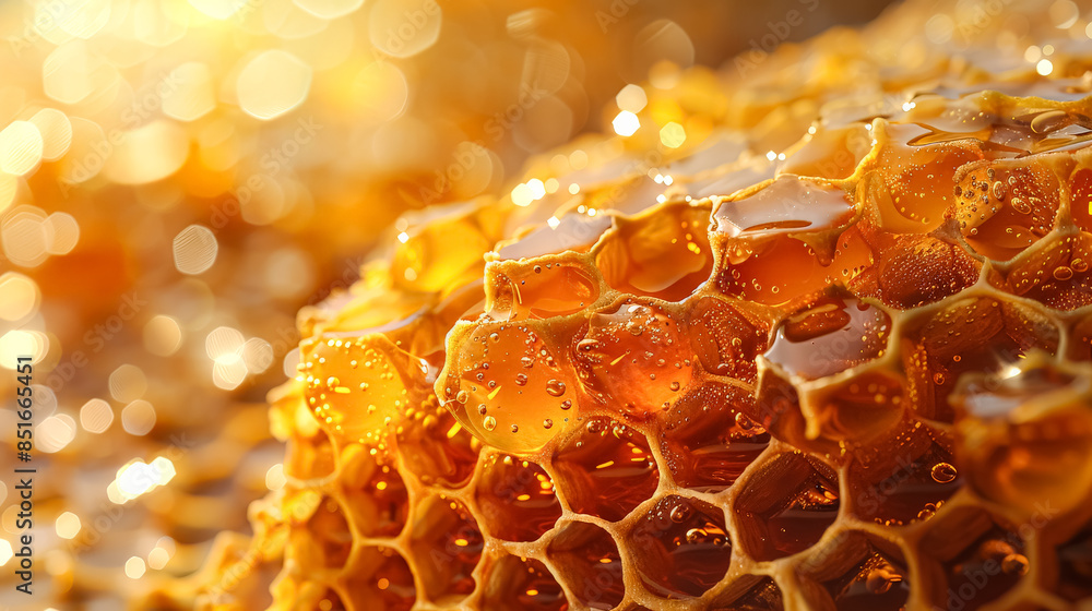 Poster a close up of honeycomb with honey dripping from it. the honeycomb is made of wax and has a golden c