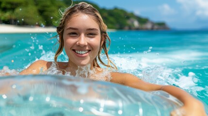 A woman smiles while floating on a clear inflatable in the turquoise ocean water.