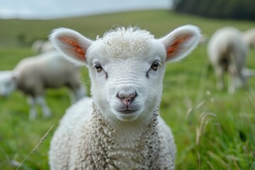 Fototapeta premium A fluffy white lamb with a small bell around its neck, standing in a green pasture with other sheep grazing in the background
