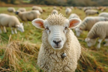 A fluffy white lamb with a small bell around its neck, standing in a green pasture with other sheep grazing in the background