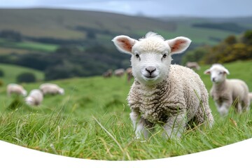 Obraz premium A fluffy white lamb with a small bell around its neck, standing in a green pasture with other sheep grazing in the background