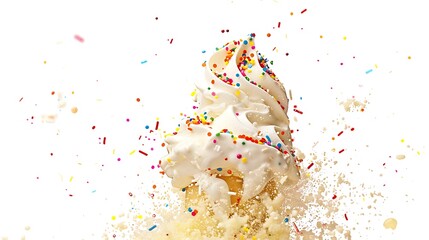 **Ice cream explosion with rainbow sprinkles, isolated on a solid white background. 32k, full ultra...
