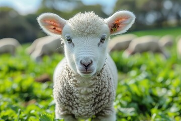 Fototapeta premium A fluffy white lamb with a small bell around its neck, standing in a green pasture with other sheep grazing in the background