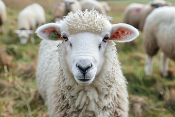 Obraz premium A fluffy white lamb with a small bell around its neck, standing in a green pasture with other sheep grazing in the background