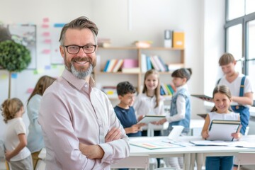 A man is smiling and holding a tablet in front of a group of children