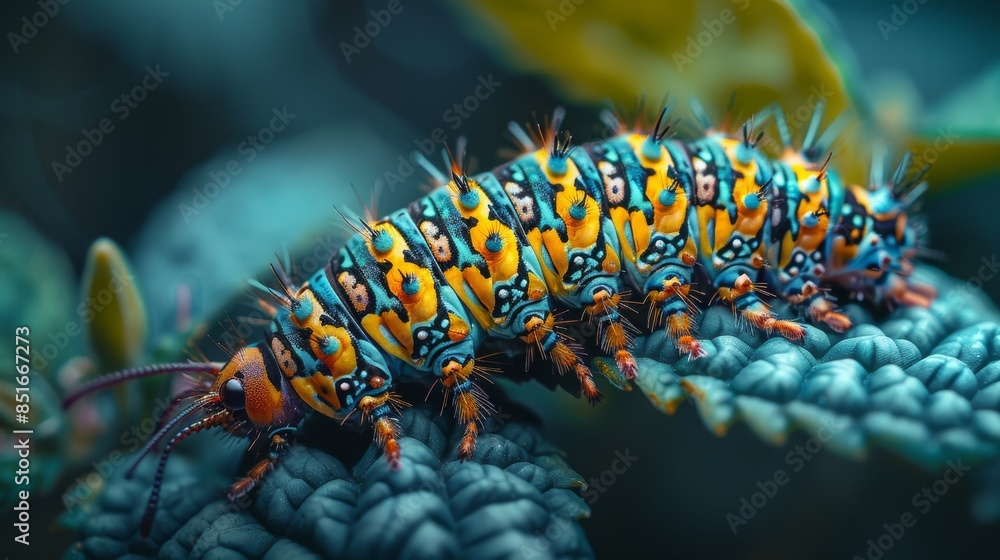 Poster an ultra-close-up of a colorful caterpillar with intricate patterns crawling on the textured leaves