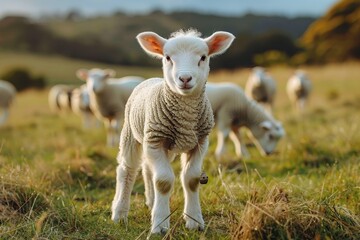 Obraz premium A fluffy white lamb with a small bell around its neck, standing in a green pasture with other sheep grazing in the background