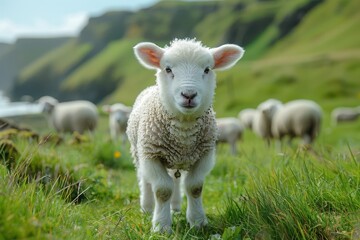 Obraz premium A fluffy white lamb with a small bell around its neck, standing in a green pasture with other sheep grazing in the background