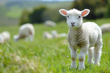 A fluffy white lamb with a small bell around its neck, standing in a green pasture with other sheep grazing in the background