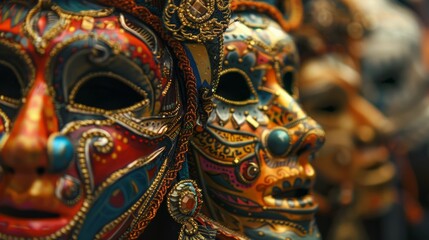 Fototapeta premium Close-up of colorful and ornate masquerade masks with intricate designs, capturing the elegance and artistry of traditional craftsmanship.