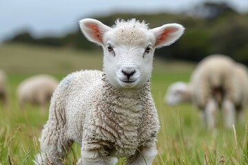 Obraz premium A fluffy white lamb with a small bell around its neck, standing in a green pasture with other sheep grazing in the background